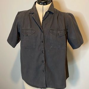 Vintage 80s Charcoal Gray button front cotton shirt, pleated shoulder, girls L